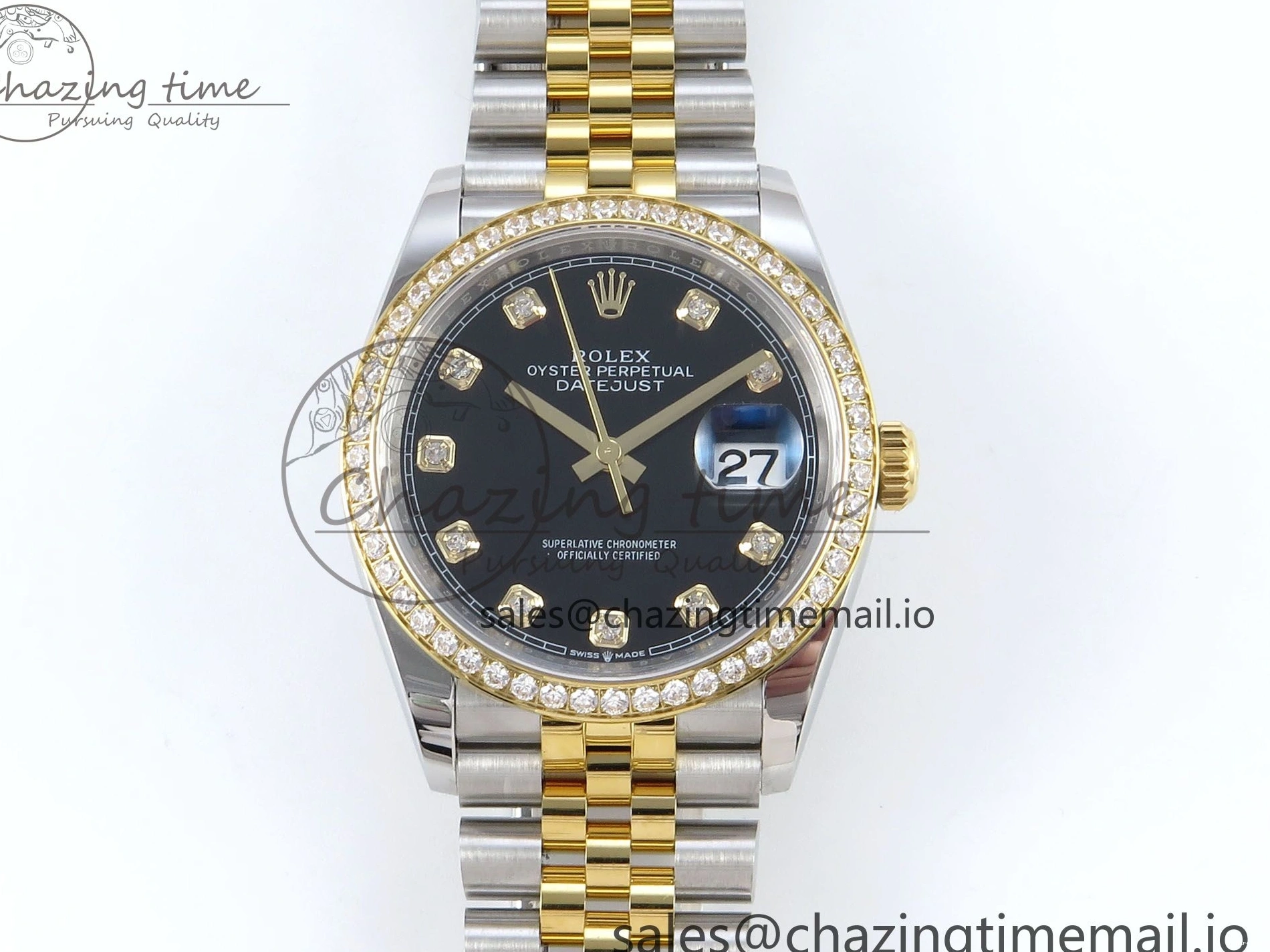 MiroTime 0109 Stretchable DateJust 36 126283RBR EWEF Best Edition Black Diamonds Dial on SS YG Jubilee Bracelet A 634